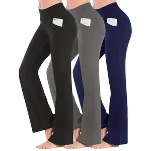 3 Pack Women's Plus Size Sports Pants Set Solid Wide Waistband Flared Leg Yoga Trousers With Phone Pockets Breathable Fabric Suitable Spring/Autumn - Perfect Yoga, Fiess & Everyday Wear