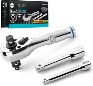 Stubby Ratchet Set, 3-IN-1 Ratchet Handle, with 2 Extension Bars, 1/4", 3/8", 1/2" Drive Ratchet Wrench, 72-, Reversible , Full-Polished Chrome , Alloy Steel