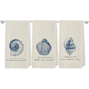 Beach Seashell Towels, Ocean Nautical Dish Tea Towels, Retro Blue Conch Shell Beach Decorative Hand for, 16x24 Inch Set of 3