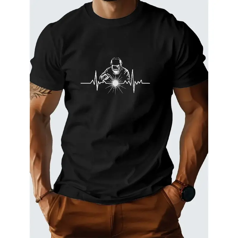 Men'S Heavy-Duty Welding T-Shirt - Moisture-Wicking Breathable Fabric, Lightweight Industrial Workwear with Welder Graphic & Welding Helmet Design, Loose Fit Plus Size Short Sleeve Round Neck for Construction, Workshop, Welding Apparel - All-Season