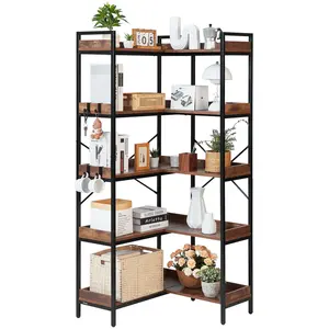 VEVOR 5-Tier L-Shaped Corner Bookshelf, 65.4" Tall Corner Storage Shelf, Heavy-Duty Metal+MDF Frame, 4 Hooks, Anti-Tip Straps, Heavy Load Capacity for Bedroom, Living Room
