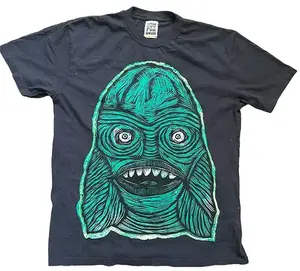 Creature Head Woodcut Appliqued Hand Printed T-Shirt Menswear Cotton Top Streetwear Casual Round Neck Soft Black Tee Breathable & Unique Design