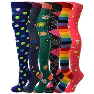 Women's 6-Pair Fit Stretchy Spandex Thigh-High Over-the-Knee Socks - Colorful Striped Fancy Design, Comfortable Lady Stockings for Halloween, Festival Dance Parties