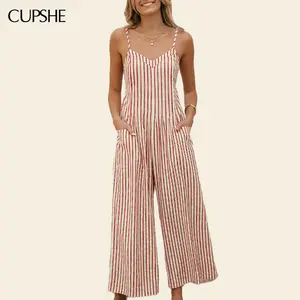 CUPSHE Striped V-Neck Wide Leg Jumpsuit | Effortless Coastal Grandma Style Summer Sleeveless Wideleg  Overalls | Flowy Boho Beach Cover Up & Daily Casual Womenswear Beachwear #tiktokshopmemorialday