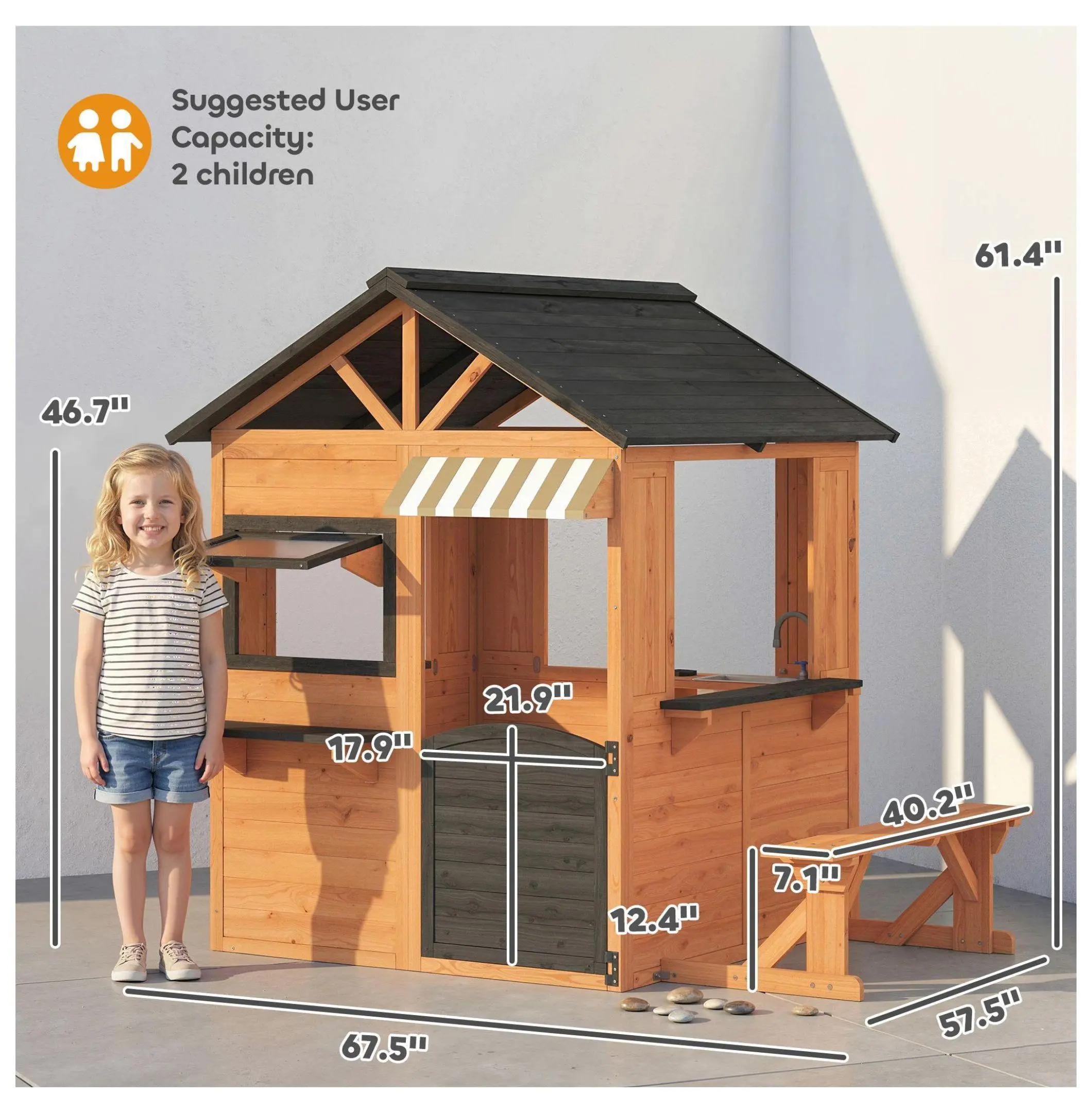 Wooden Playhouse Kitchen Set, Backyard Play House with Picnic Bench, Windows & Door, Outdoor Playhouse for Kids Ages 3-8, Brown
