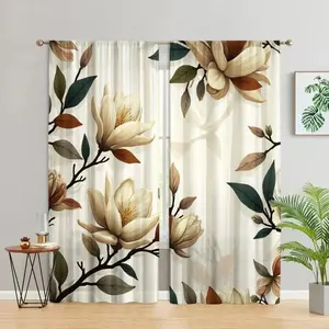 2Pcs Elegant Magnolia Floral Curtains, Vintage Botanical Print, Rod Pocket Design, Semi Sheer Polyester, Light Filtering Privacy Protection, for Living Room Bedroom Kitchen Study Balcony Window Treatment, Easy Care Washable