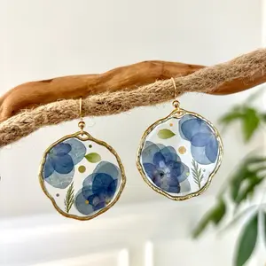 Real Hydrangea Earrings - Blue Floral Design with Gold Trim Accents