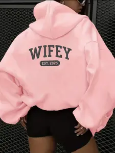 Women's Casual Fashion Fitted Hoodie Sweatshirts Wifey Letter Print Kangaroo Pocket Drawstring, Daily Wear, Fall & Winter, Stylish Women's Clothing Tops