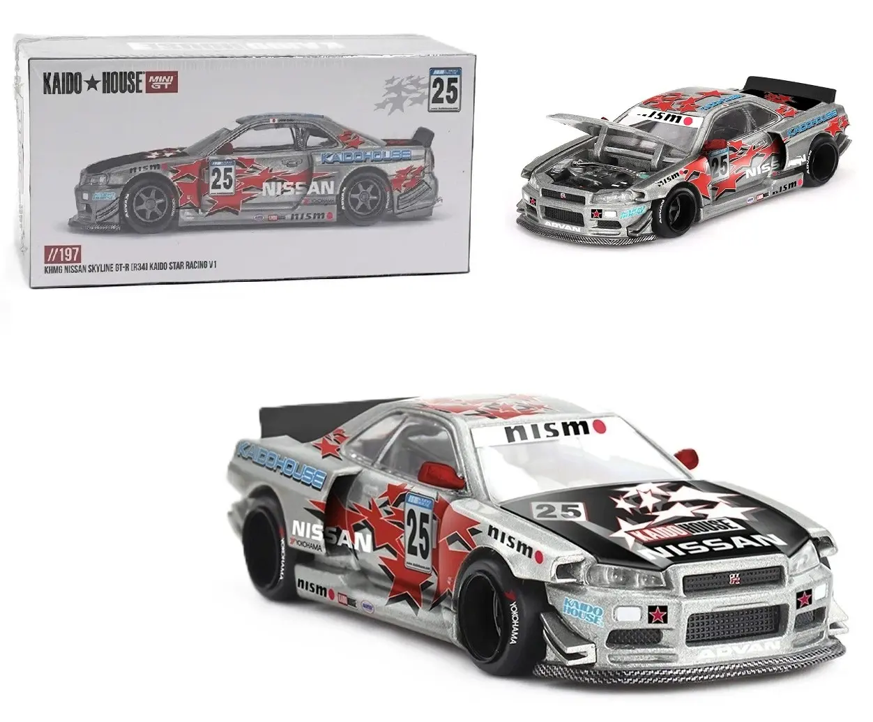 Kaido House x Mini GT 1:64 Nissan Skyline GT-R (R34) Star Racing V1 Silver Diecast Model Car KHMG197-2B