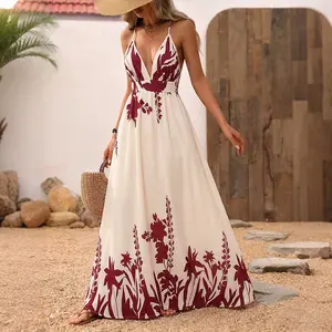 Retro Resort-Style Floral Print Strap Backless Maxi Dress