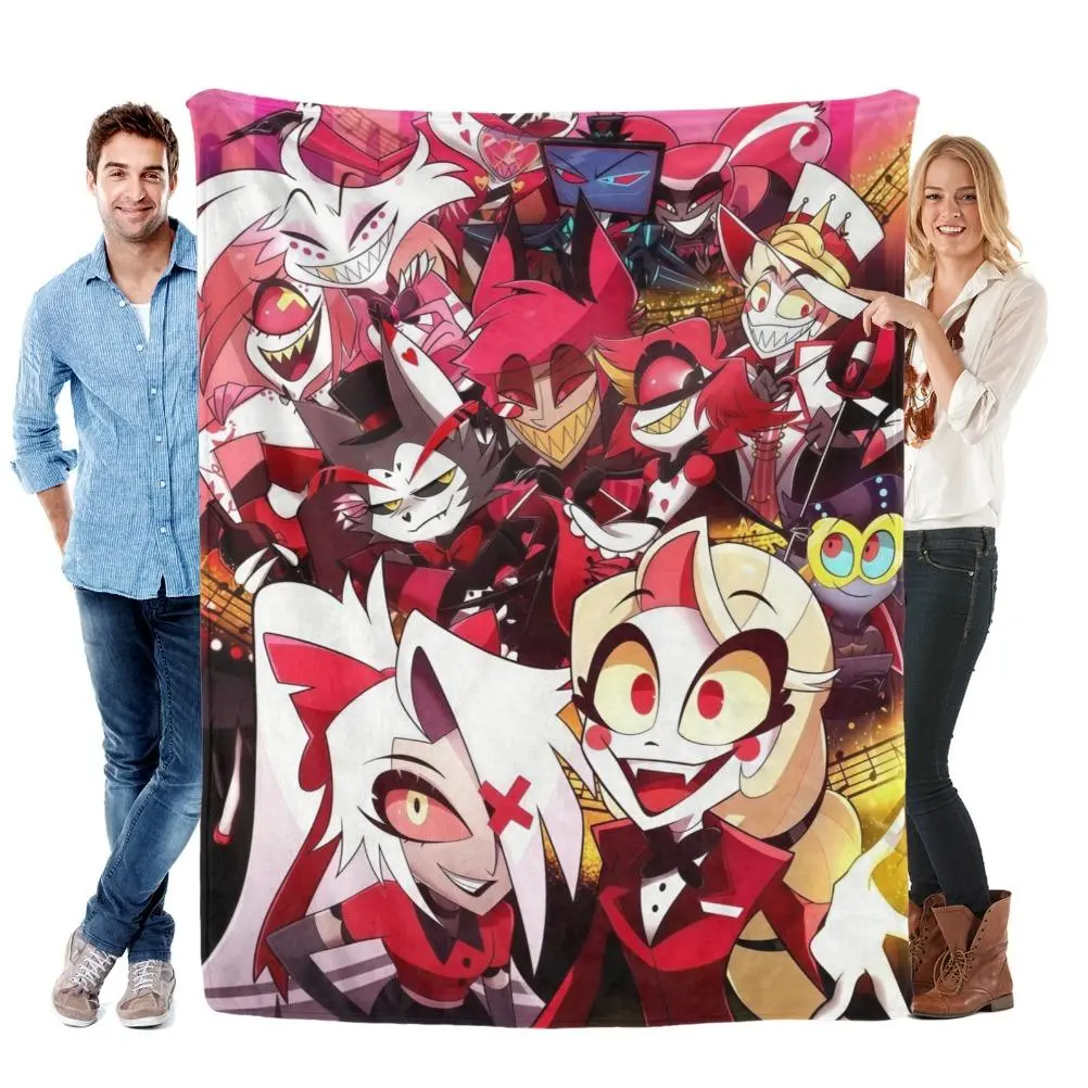 Hazbin Hotel Character Collage Throw Blanket - Soft Flannel All-Season Bedspread, Cartoon Print Anime Game Character Images Design, Charlie-Alastor Crew, Cozy Couch/Travel Use, Perfect Fan Gift, Cartoon Print Blanket, Anime Game Character Blankets