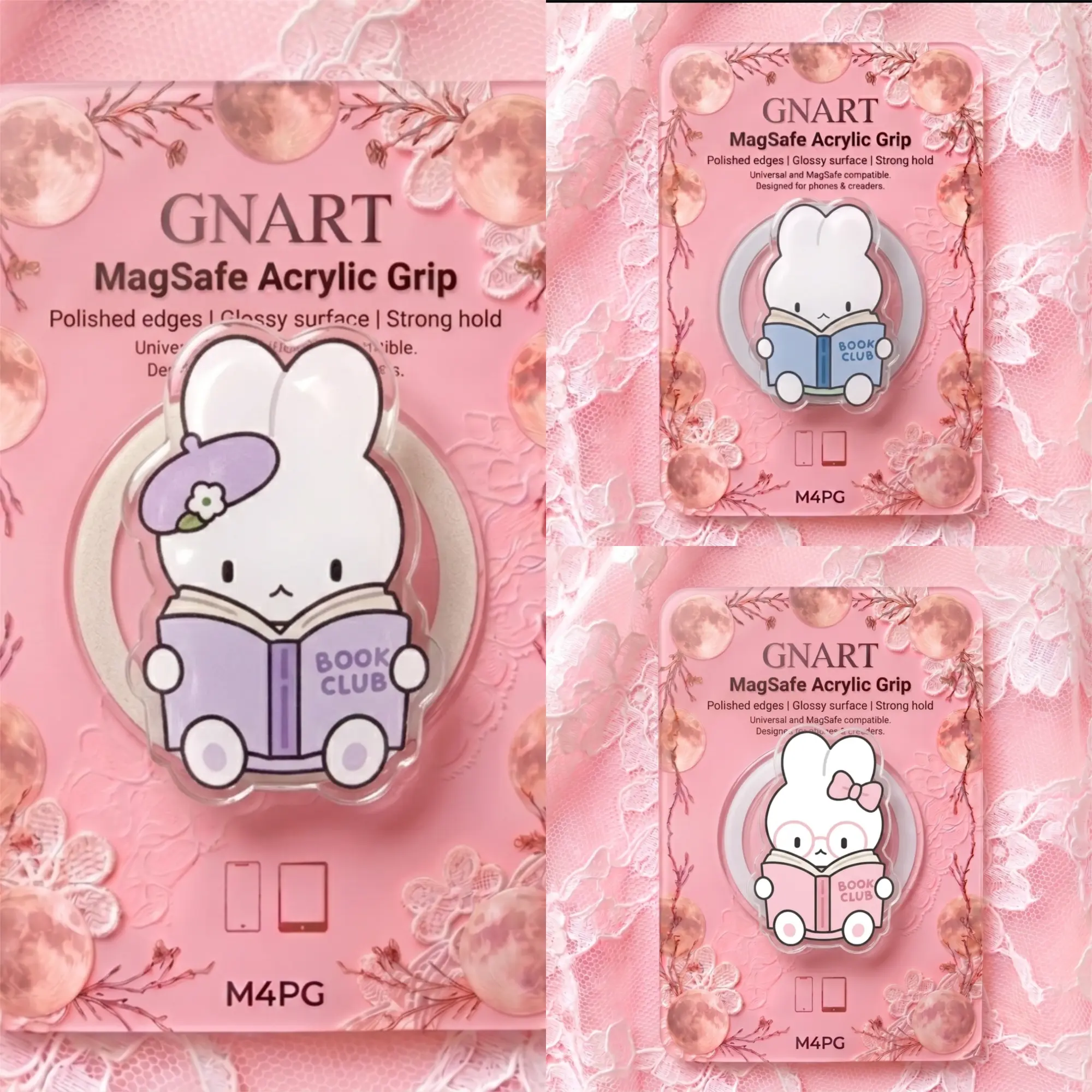 Cute Bunny Reading Book Phone Grip - MagSafe Acrylic Magnetic Stand - Kawaii Minimalist Rabbit Holder Ring - Coquette Aesthetic Bookish Merch