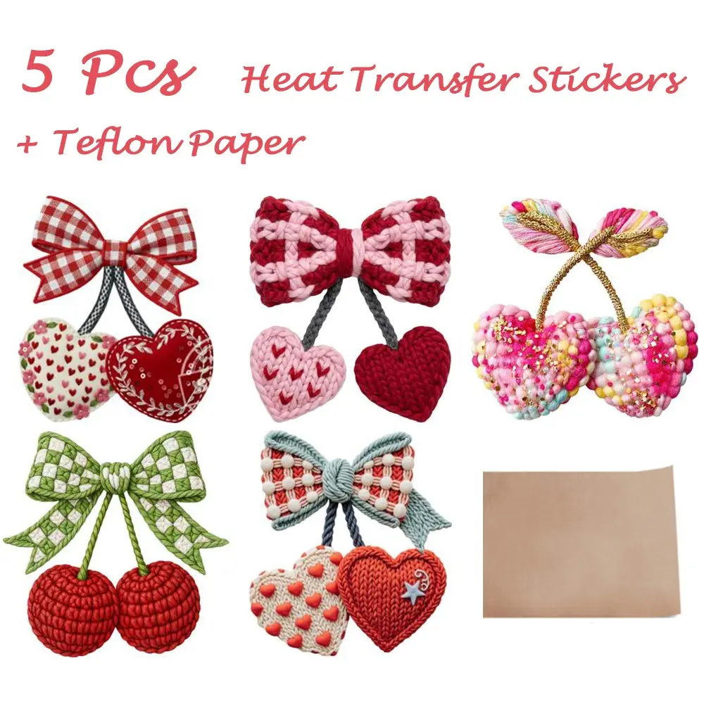 6-Piece Embroidery Cherry Patch Set, Embroidery Patches, Floral Embroidery Design, DTF Transfer & Ptfe Paper Included, Ideal for T-Shirts Hoodies Bags Pillows DIY Crafts, Embroidered Design