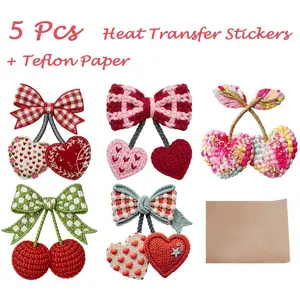 6-Piece Embroidery Cherry Patch Set, Floral Embroidery Design, DTF Transfer & Ptfe Paper Included, Ideal for T-Shirts Hoodies Bags Pillows DIY Crafts