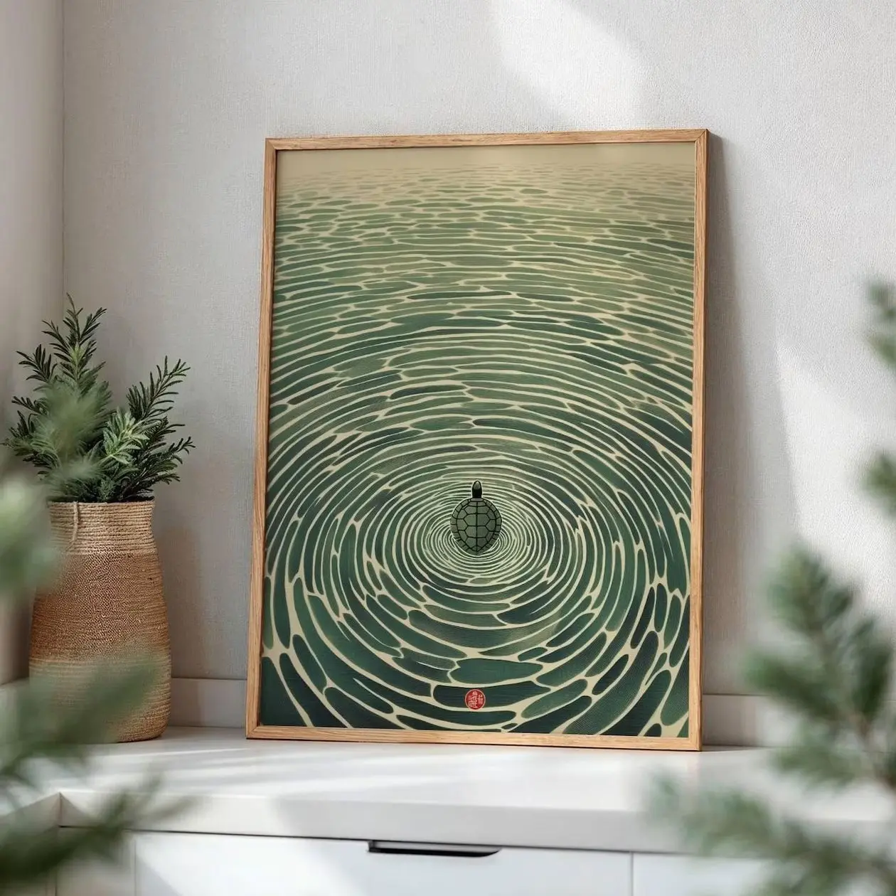 Japanese Turtle Wall Art, Minimal Zen Water Ripple Print, Green Nature Decor, Symmetrical Botanical Poster | Unframed D
