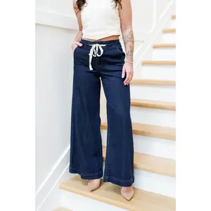 Risen Mid Rise Dark Wash Wide Leg Pants with Tie Waistband