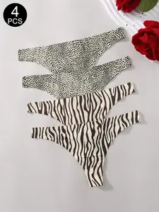 4PCS  Seamless Zebra Print Sexy Women's Thongs, Fitted Animal Pattern Underwear, Casual All Seasons Lingerie