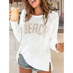 NewVersatile Beach-Inspired White Pullover Sweater - Casual Polyester Knit with "BEACH" Embroidery, Round Neck, Long Sleeves - Perfect for All Seasons Fabric Knitwear Can be used with raincoat