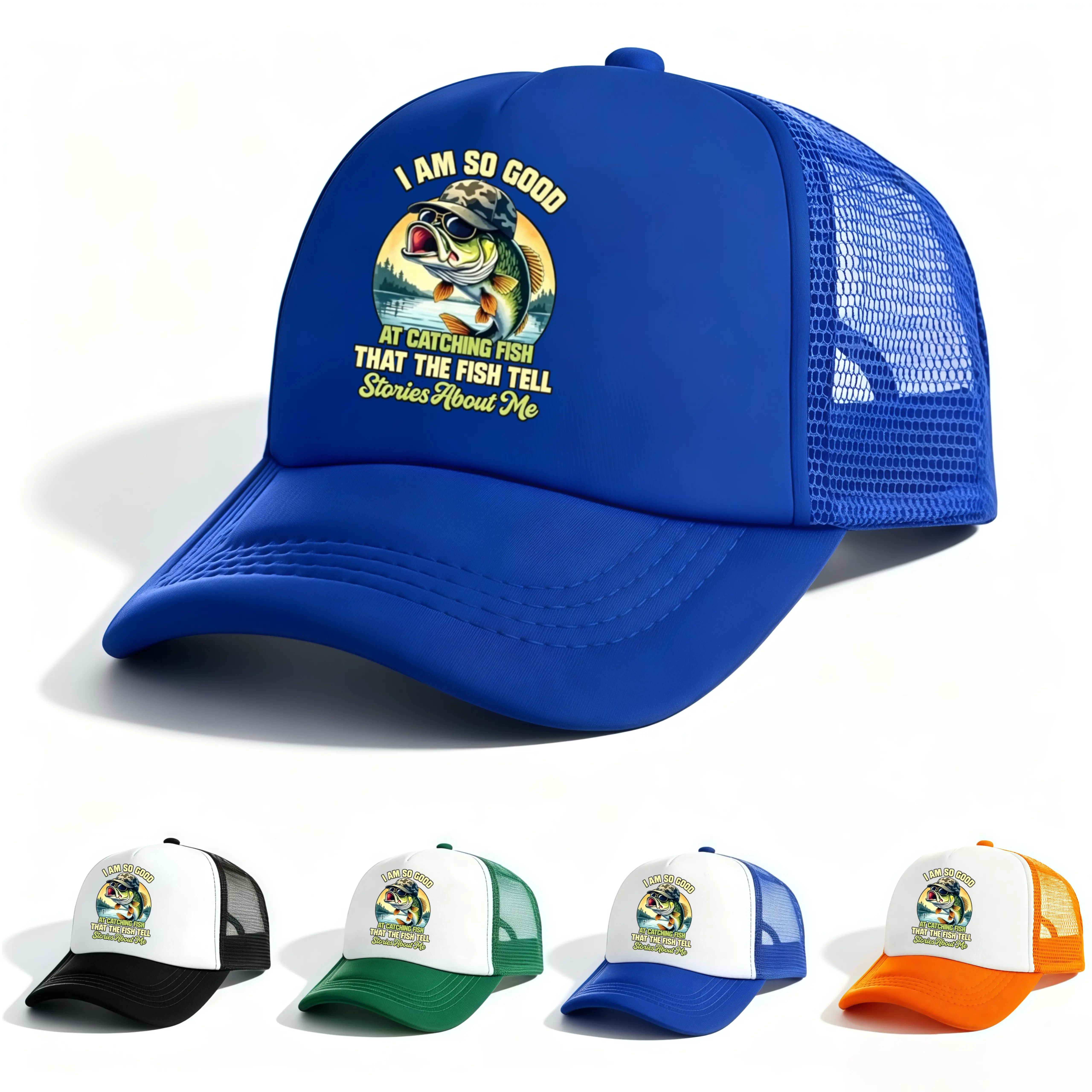 Fishing Trucker Hat for Men Women, Funny Bass Fish Graphic Mesh Baseball Cap Adjustable Snapback Design, Polyester Fishing Accessories,Fisherman Birthday Father Gift