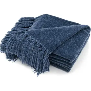 Soft Cozy Chenille Throw Blanket with Fringe Tassel for Couch Sofa Chair Bed Living Room Gift (Blue, 50'' x 60'')