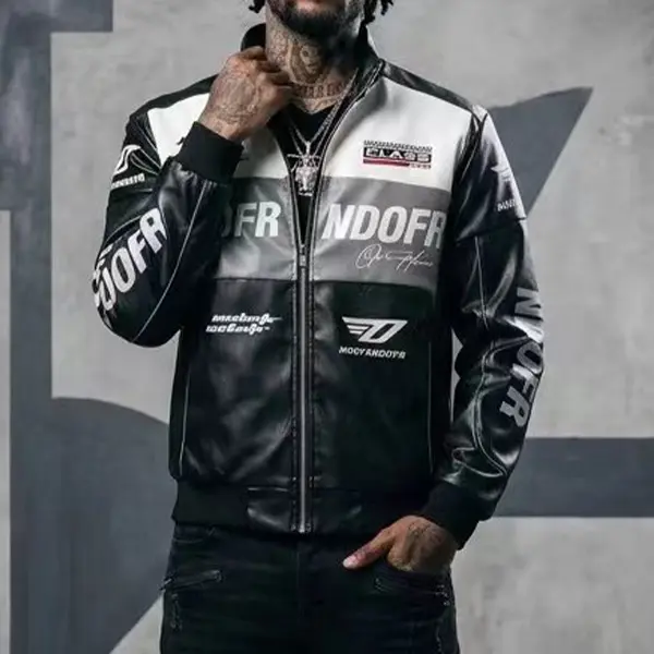 Men’s slim-fit leather jacket with stand collar, color-block panels, all-over letter print, metal zipper, ribbed hem decoration; suitable for holiday gatherings, streetwear, everyday wear, spring/autumn, long sleeves, biker jacket (1 piece).