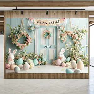 Happy Easter Day Photography Backdrop, 1 Count Colorful Eggs Cute Rabbit Flowers Photographic Background, Retro Wall Backdrop, Banners
