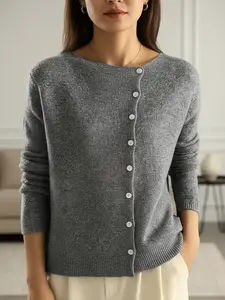 Women's Plain Button Front Cable Knit Sweater, Casual Long Sleeve Round Neck Jumper for Fall & Winter, Women's Knitwear for Daily Wear
