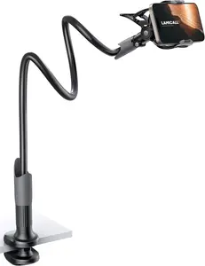 Gooseneck Phone Holder for Bed - Cell Phone Mount Clamp for Desk, Flexible Long Arm Headboard Bedside Clip, Overhead Mount Stand for 4-7" Phone, iPhone 15 Pro Max, 14 Plus, 13 Mini, Black