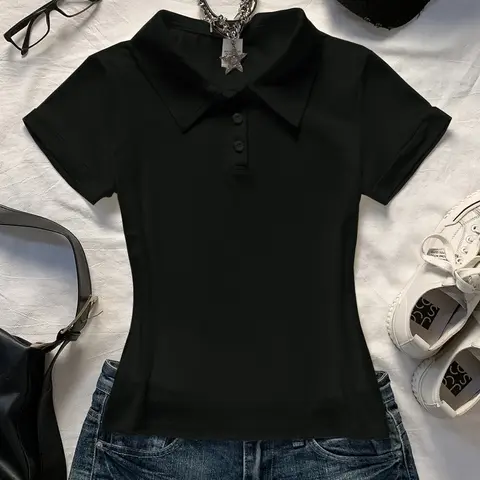 Y2K Slim Fit Solid Color Collared Polo Shirt for Women, Lapel Collar Short Sleeve Button Up, Casual Preppy Aesthetic Top, Summer 2026 Basic Tee