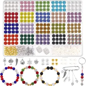 Funtopia Rhinestone Beads 10mm, 408counts Disco Ball Beads Set for Jewelry Making, Funtopia Sparkle Crystal Clay Beads, Colorful Bling Beads with Charms Spacer Beads for Bracelet Necklace Earring Crafting