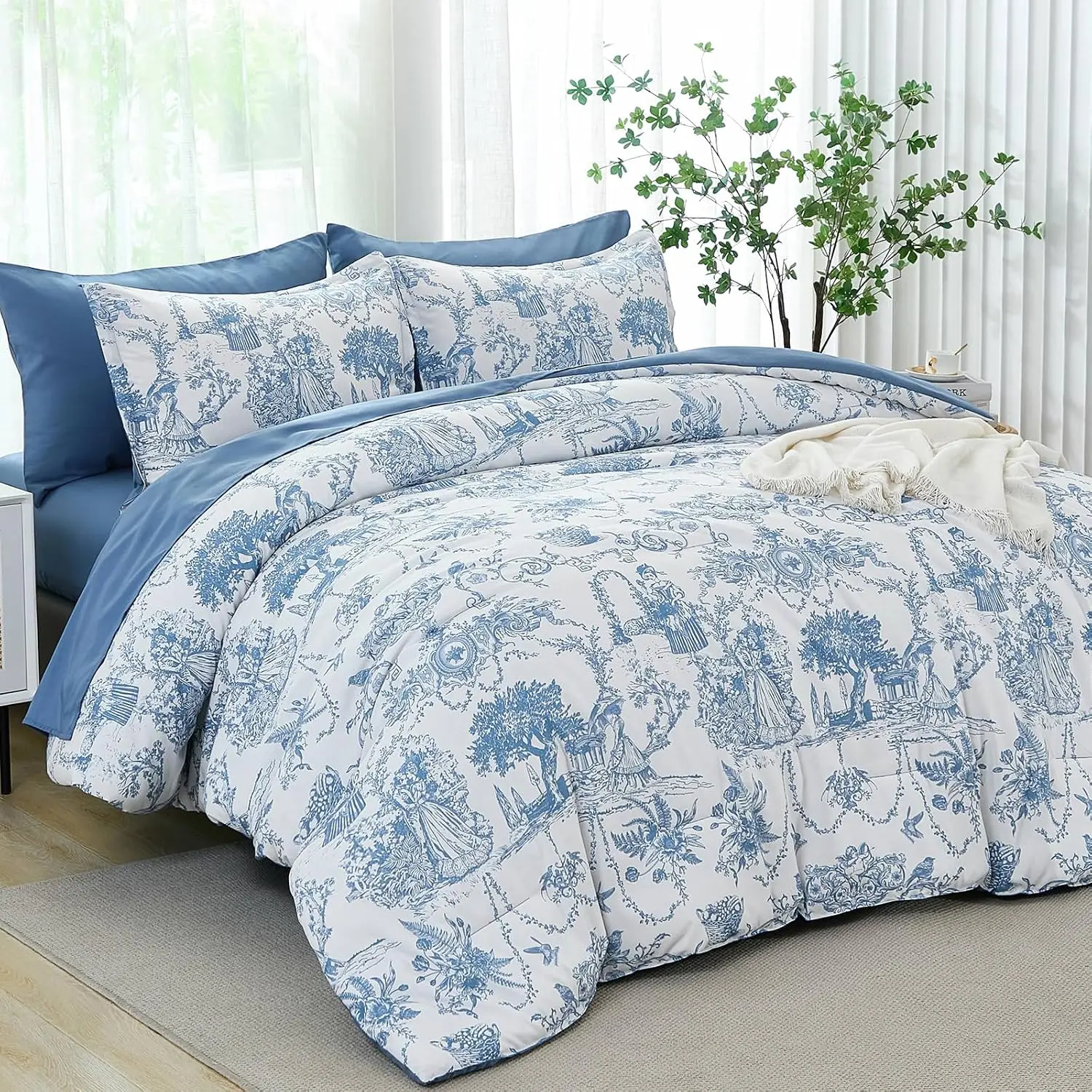 Blue Comforter Set Queen 7 Piece Bed in a Bag Toile de Jouy Botanical Comforter with Sheet Set Soft Micorfiber Bedding Set (1 Comforter,2 Pillow Shams,1 Flat Sheet,1 Fitted Sheet,2 Pillowcases)