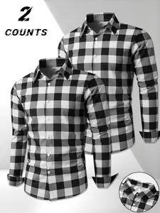 Men's 2-Pack Long Sleeve Plaid Shirt, Random Pattern, Button Front, Casual Fitted Design, Spring & Fall Wear, Daily Commute or Outing