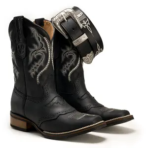 Combo VE030 Black  Bota Rodeo Verthali De Piel Con Cinto