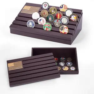 Military Challenge Coin Display with Engraved Flag and Storage in Brown Violet for Coin Collectors