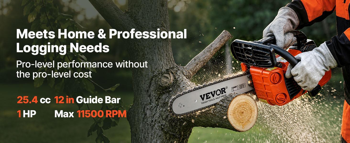 【BackToSchool】VEVOR Gas Powered Chainsaw, 12 in 25.4CC 1HP 2-Stroke Engine with Chains, Throttle-Sync Choke, Non-Slip Handle & Dual Tanks, for Wood Cutting & Tree Trimming