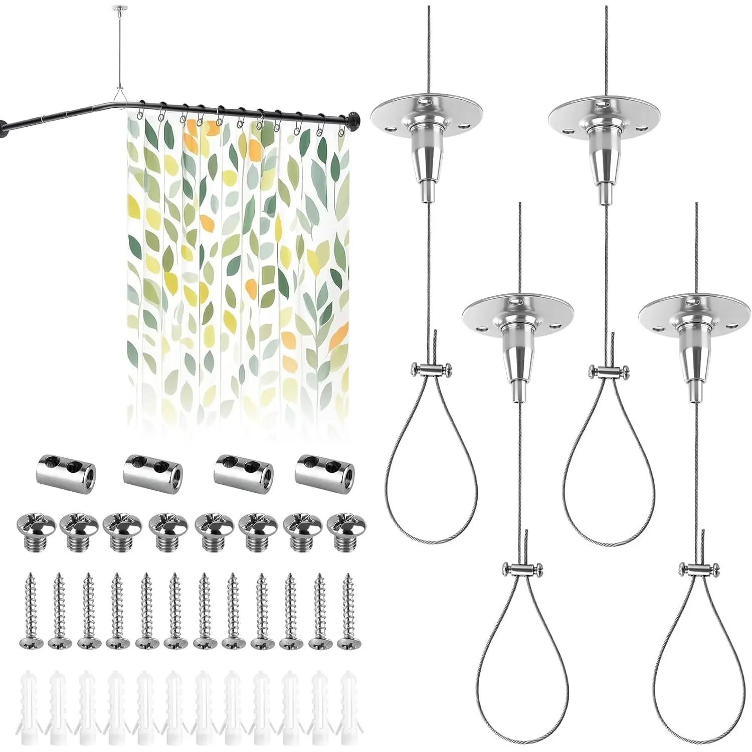 4 Set Ceiling Support for Closet Rod, 59" Adjustable Anti-Sagging Ceiling Mounted Curtain Heavy Duty Rod Bracket, 304 Stainless Steel Ceiling Holder Assembly for Curved, L-Shaped Rods & Closet Poles