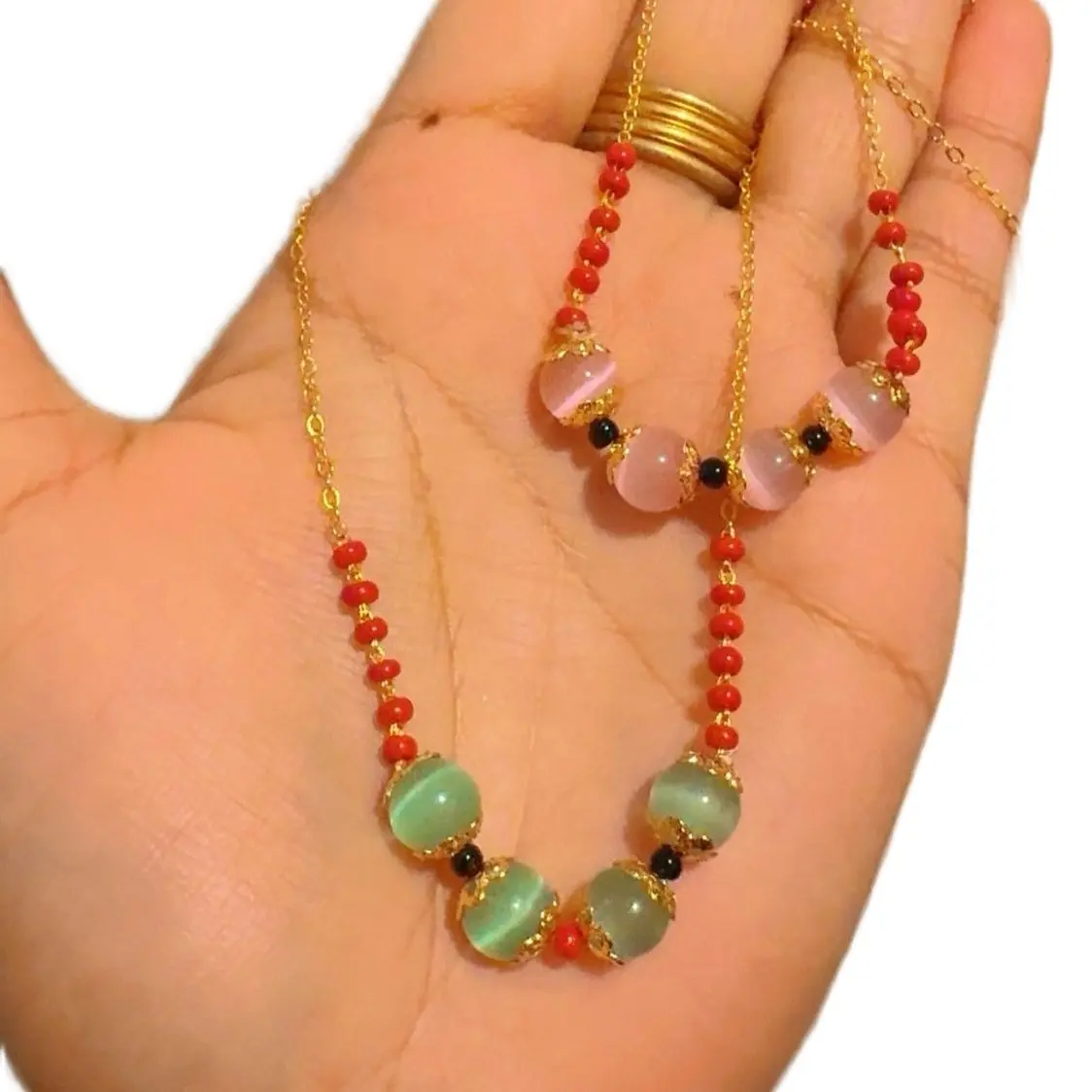 Gold Plated Mangalsutra Necklace for Women, Elegant Short Beaded Chain with Monalisa Stone for Casual Daily Wear, Gold Plated Chain, Short Length