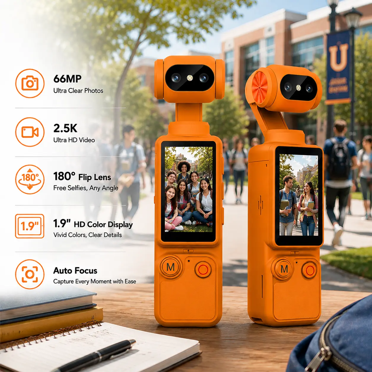 Compact Rechargeable Table Top Vlogging Pocket Camera - 1080P Video, 32GB Card, 180° Rotating Lens, 1.9-Inch Screen, Type-C Charging, Built-In Audio Gadget for Campus Clips, Dorm Life