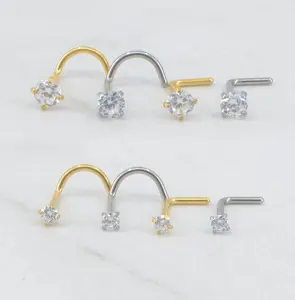 NEW-2mm/3mm L Shape Nose Rings -Implant Grade Titanium- Small Petite Stud Gold Tone 20G/18G -L Bend Nose Ring- Clear CZ Nose Screw