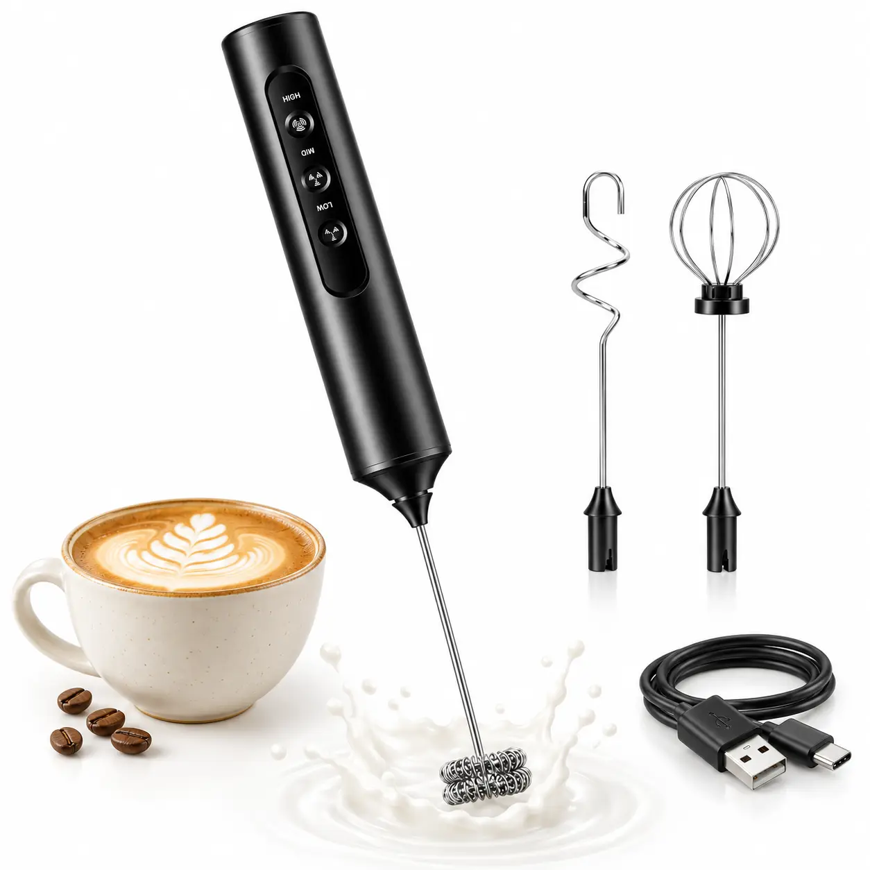 2026 Upgraded Button Activated Milk Frother Wand, USB Rechargeable Electric Coffee Mixer, 3 Whisk Heads 3 Speed Portable Foamer with Stand, Ideal Halloween Gift for Coffee Lovers, Black
