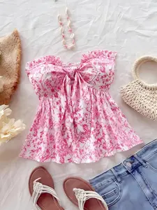 Summer Fashion Sexy Print Top, Vacation Casual Tie Waist A-Line Hem, Women's Stylish Blouse, Comfortable and Trendy