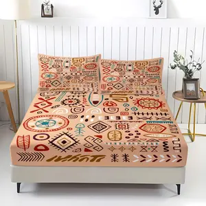 1PC Abstract Geometric Print Fitted Sheet Set, Stylish Bed Sheet Set, Ultra Soft Skin-Friendly Digital Print Bedding, Includes 2 Pillowcases - without Core, Wrinkle Resistant & Comfortable, Ideal for Home Bedroom, Guest Room & Dormitory Use