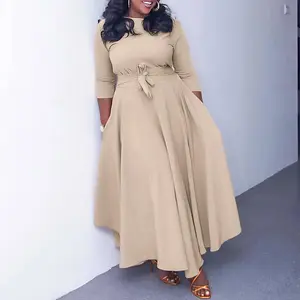 CasualPlusSizeMaxiDressforWomenAfricanPrint3/4SleeveFlowyRuffleLongDresswithBelt
