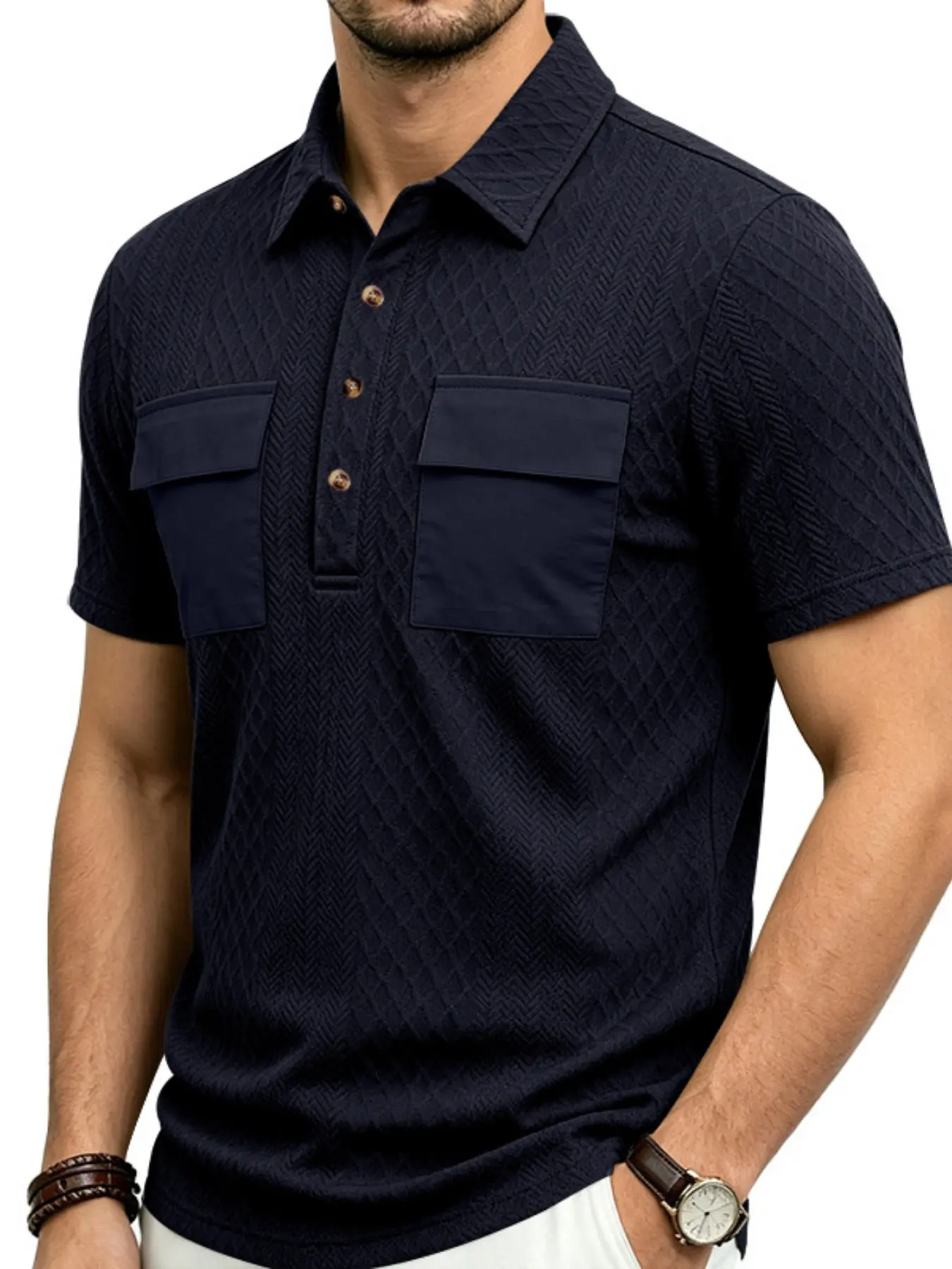 Men's Summer Breathable Polo Shirts, Dual Chest Pocket Design, Button Placket, Breathable Short Sleeve, Classic Street Style, Office, Casual Wear, Top, Streetwear Polo Shirt, Breathable Summer Polos