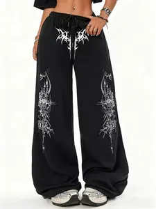 Black Oversized Wide-Leg Gothic Metal Print Joggers - Drawstring Waist Casual Streetwear Sweatpants