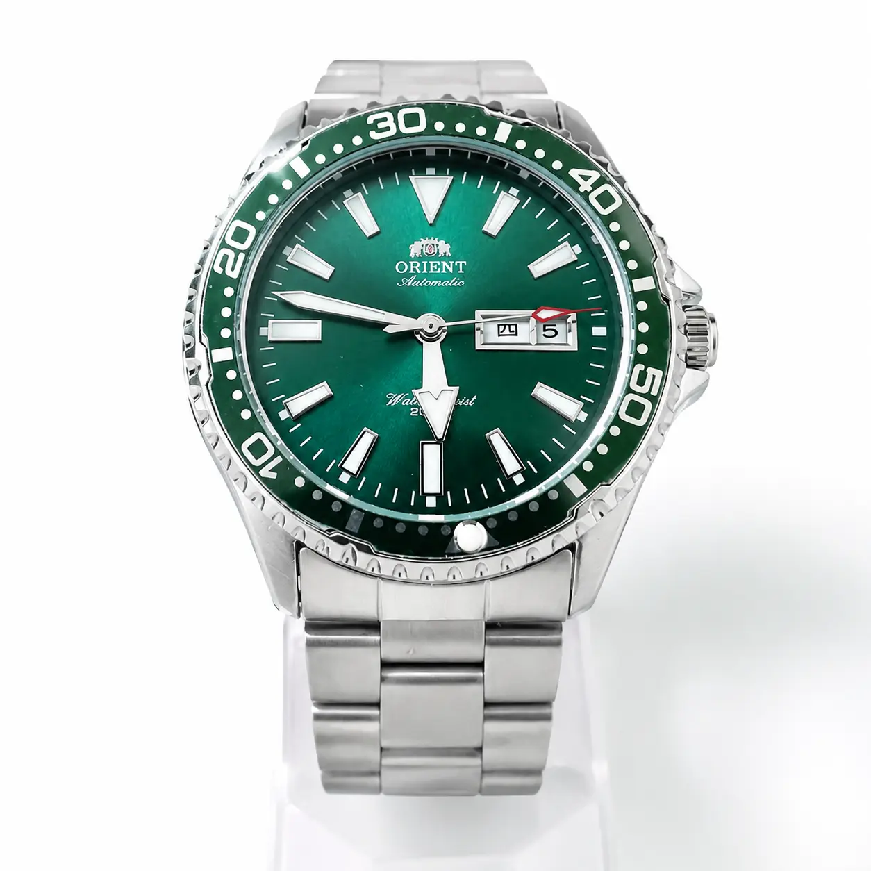 Men's Luxury Automatic Mechanical Dive Watch - Stainless Steel Bracelet, Green Dial, 200m Water Resistance, Luminous Display, Day-Date Function, Rotating Bezel, Sports Wristwatch