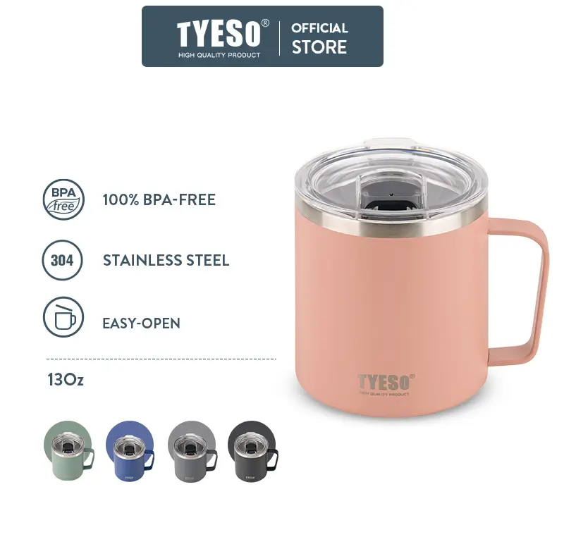 TYESO 13oz Stainless Steel Insulated Thermal Coffee Mug with Lid & Handle, Portable Drinkware for Hot & Cold Drinks, Personalized Gift TS-8789B