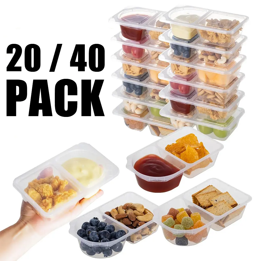 20/40 Pack Double Layer Eco Portion Control Flip Lid Camping On-the-Go Snack Boxes with Lids Divided Plastic Dipping Sauce Containers Party Safe