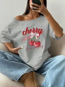 Women's Cherry Print Off Shoulder Tee, Casual Y2K Apperloth Style Curve Hem Short Sleeve T-Shirt for Daily Wear, Ladies Clothes for All Seasons