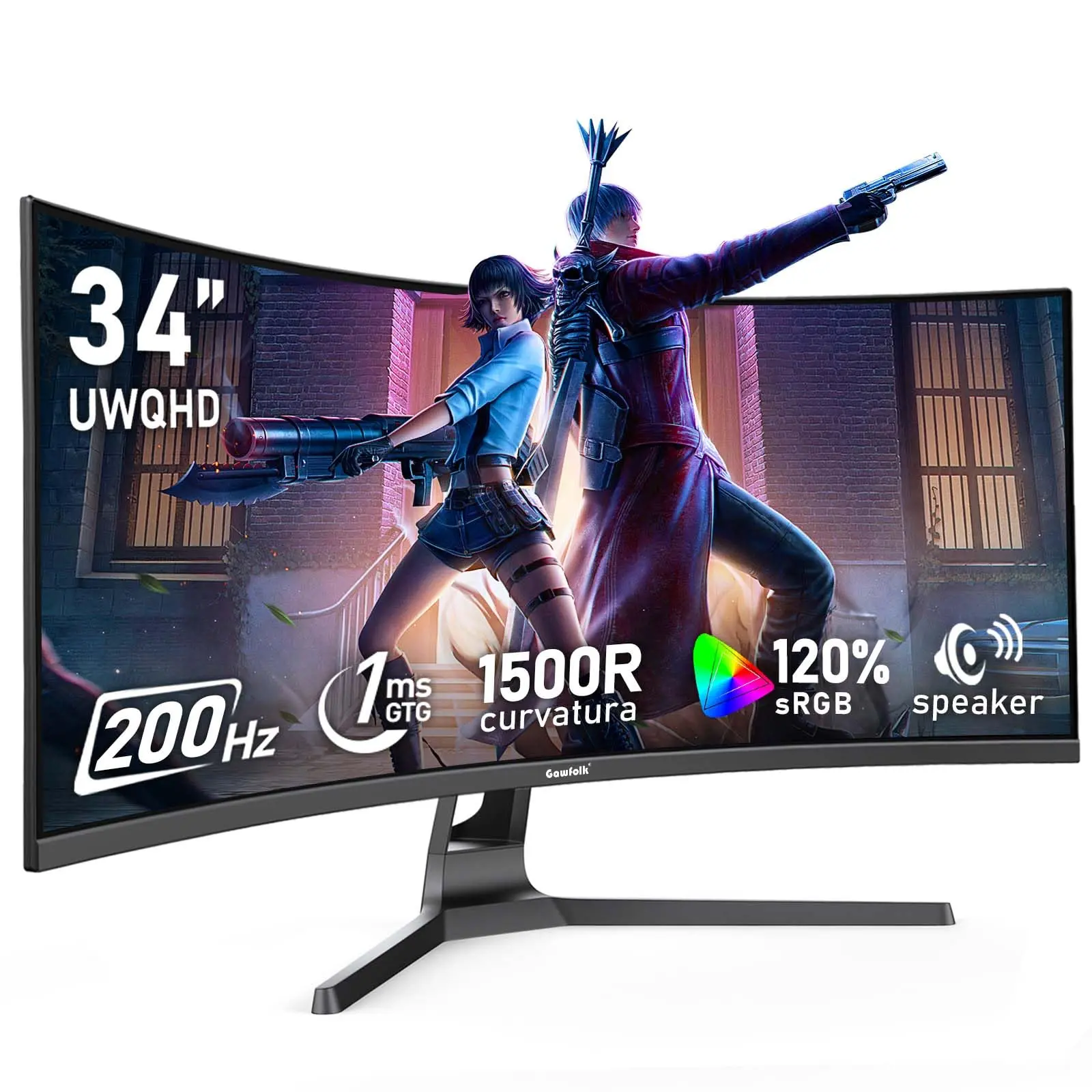 Gawfolk 34" 21:9 VA Ultrawide Curved Gaming Monitor (Curved Computer Screen), UWQHD 3440x1440, 200Hz, 1ms, 1500R Immersive Design, 120% sRGB, Low Blue Light, Adaptive Sync, Built-in Speakers, DP & HDMI, VESA Wall Mount (Monitors for Gaming)